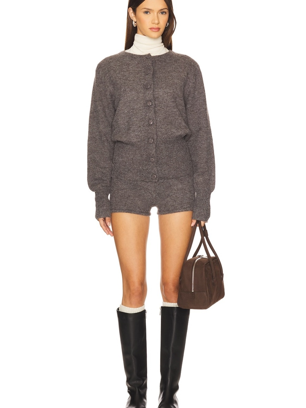 ALL THE WAYS Belle Knit Short Set Dark Grey Cardigan Shorts M NWT
